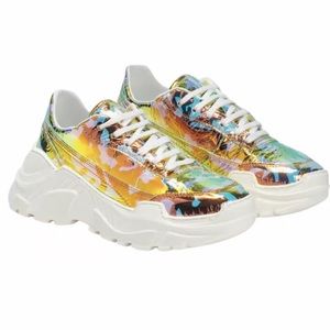 Joshua Sanders White Leather & Holographic Foil Lace Up Sneakers